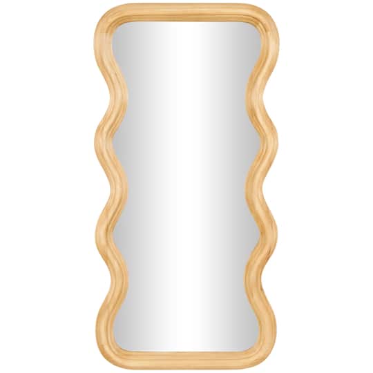 Brown Wood Wavy Wall Mirror with Dimensional Carved Frame